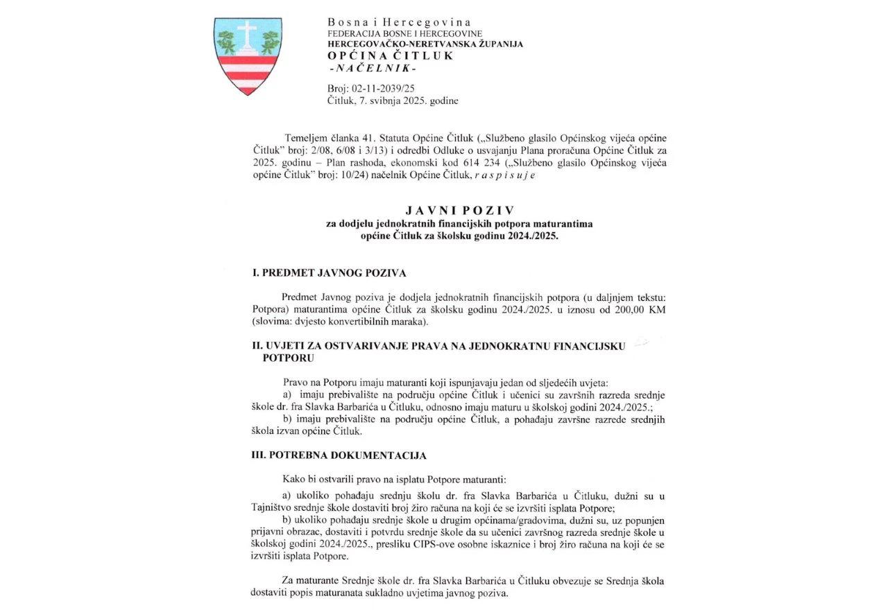 Javni poziv za maturante općine Čitluk