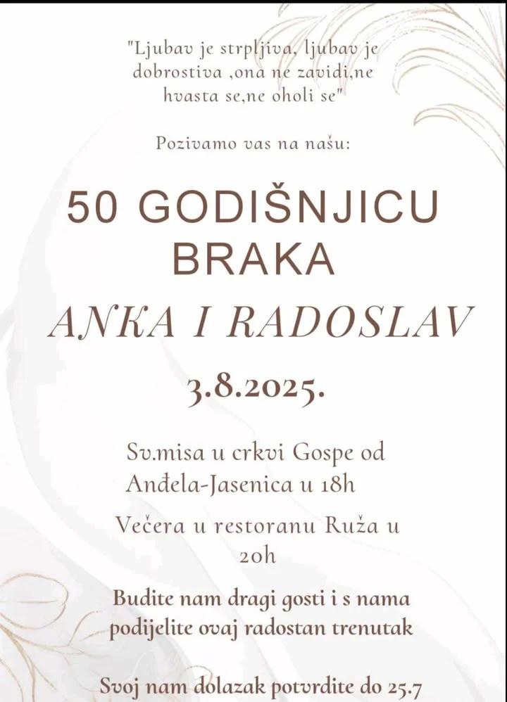 Pozivnica na obilježavanje 50. godišnjice braka Anke i Radoslava