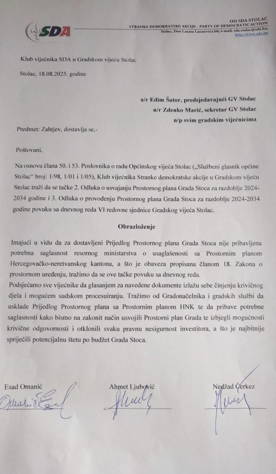Zahtjev Kluba vijećnika SDA