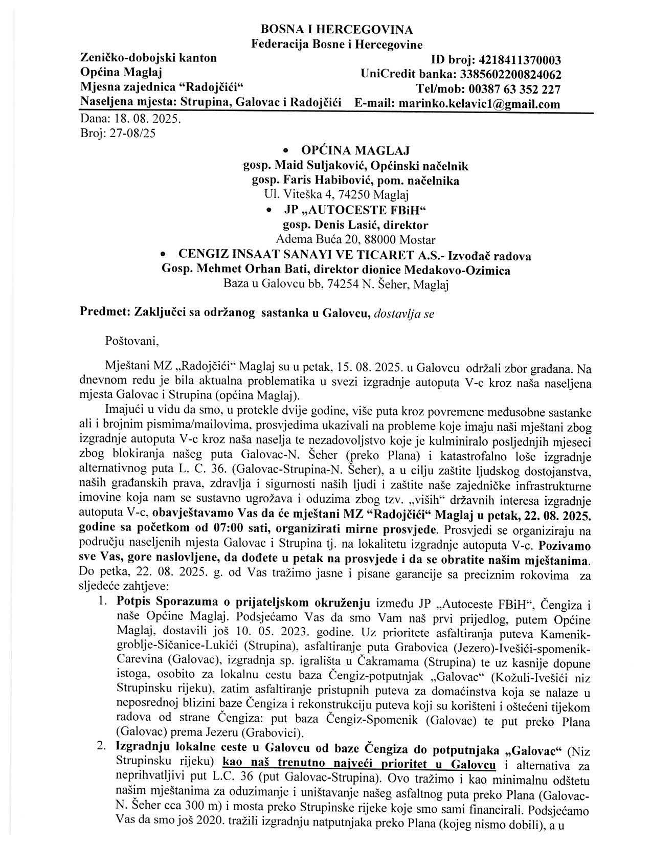 Zahtjevi mještana MZ "Radojčići" 1/2