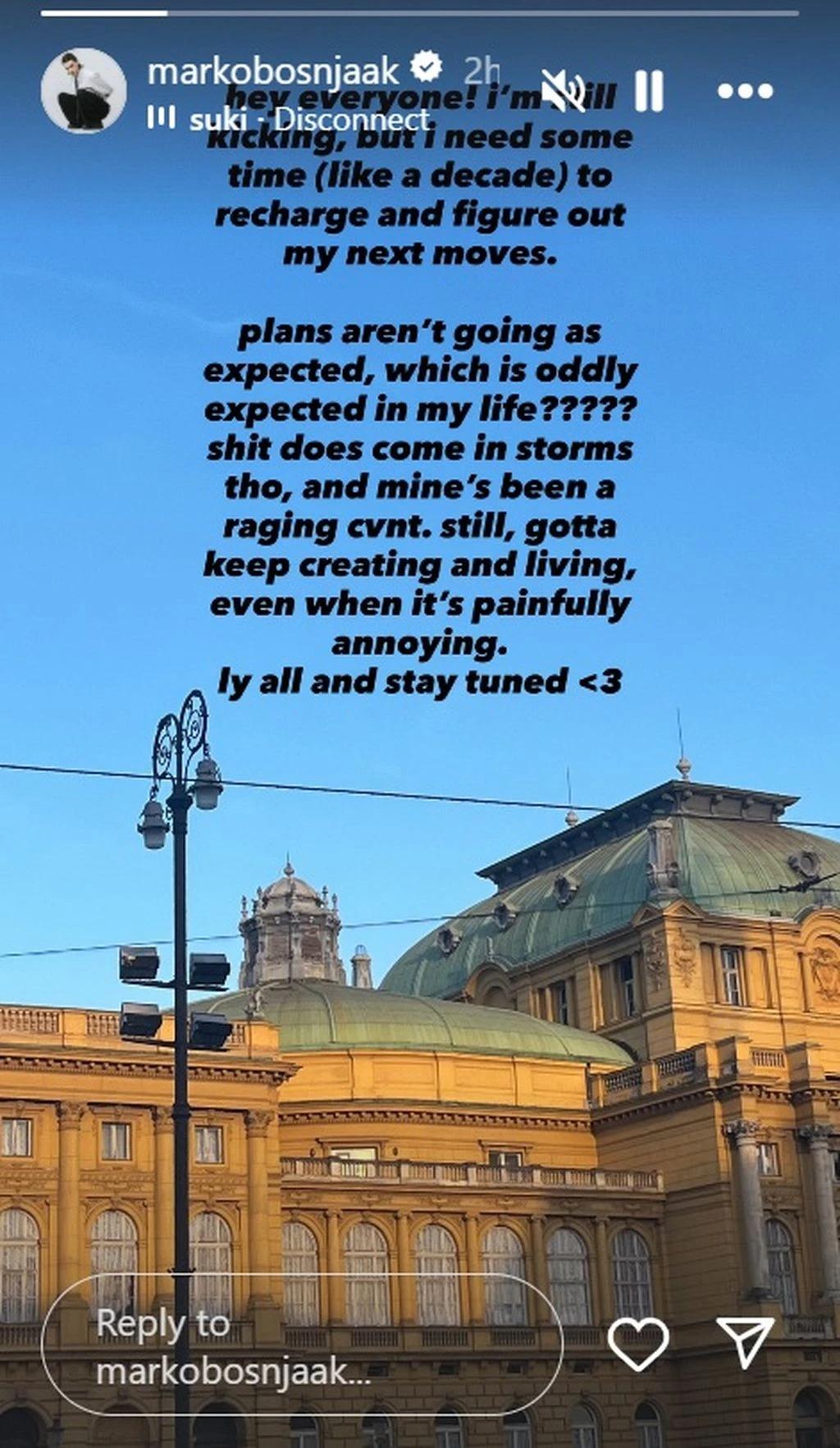 Marko Bošnjak se oglasio na Instagramu