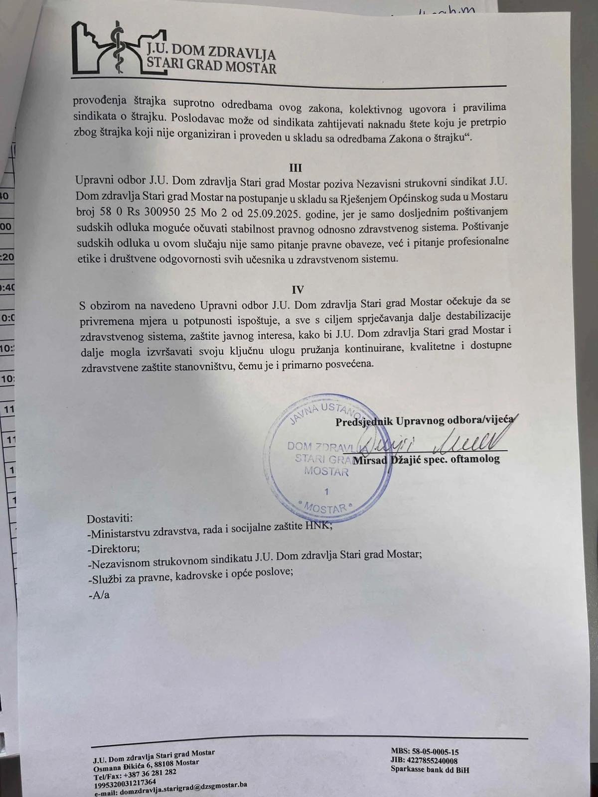 Stav Upravnog odbora J.U. Dom zdravlja Stari grad Mostar