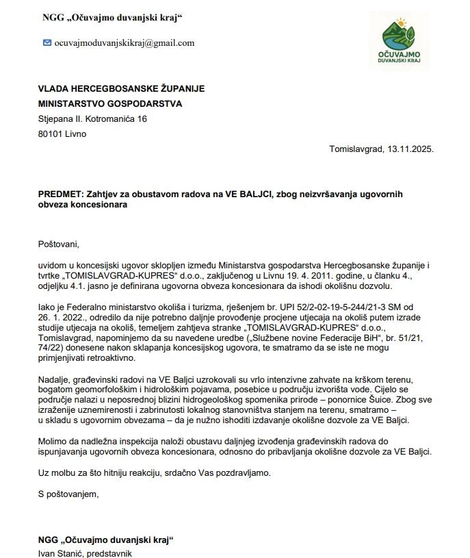 Zahtjev za obustavom radova na VE Baljci