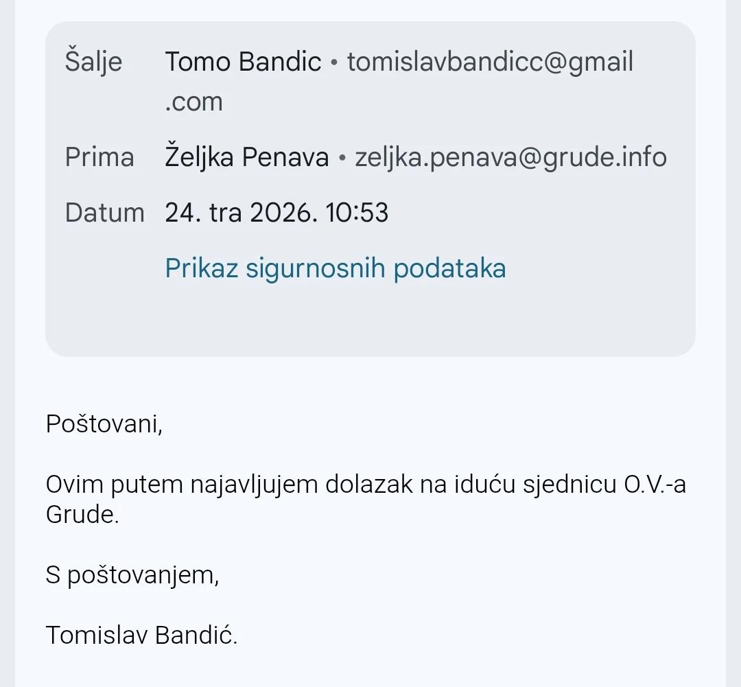 Mail kojim Tomislav Bandić najavljuje dolazak na sjednicu OV Grude