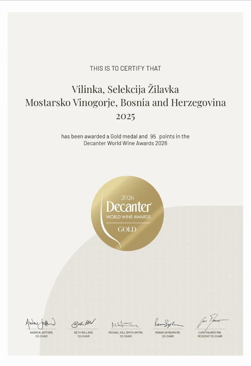 Vilinka Selekcija Žilavka 2025 osvojila je zlatnu medalju