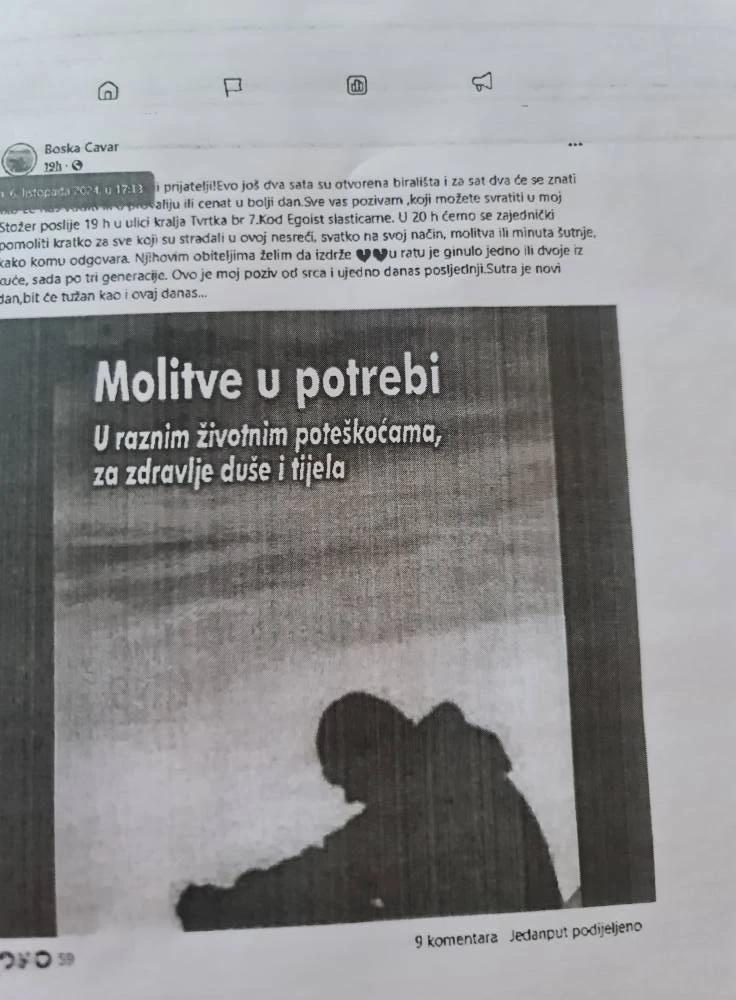Objava Boške Ćavar na Facebooku