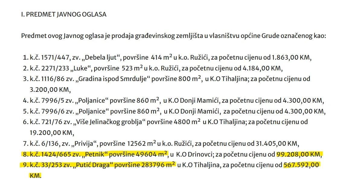 Javni oglas o prodaji zemljišta Općine Grude