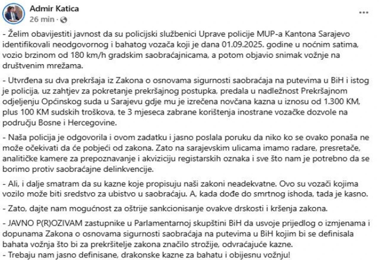 Facebook objava Admira Katice, ministra unutarnjih poslova Kantona Sarajevo