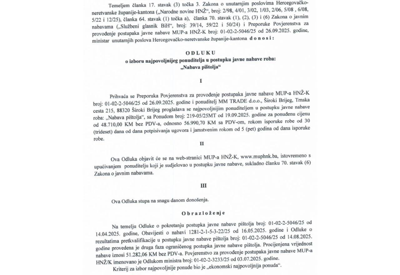 Nabava pištolja MUP-a HNŽ